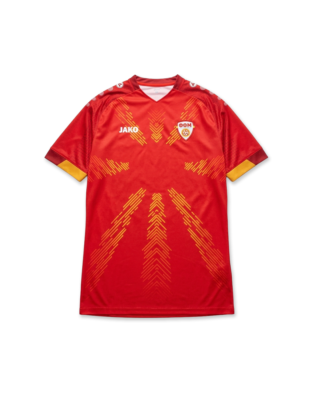 Red Macedonian football shirt with yellow sun pattern